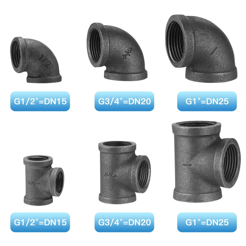Home TZH 1" Thereaded Tee & Elbow, 20 Pack Industrial Cast Malleable Iron Pipe Elbow/Tee for Steampunk Vintage DIY Pipe Decor Project/Furniture/Shelving Decoration (20, 1 Inch) - Image 3
